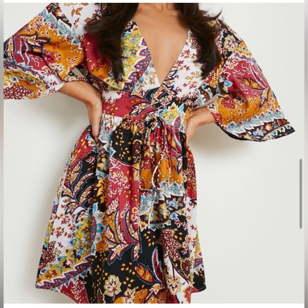 Boohoo Multicolor Paisley Long Sleeve Dress